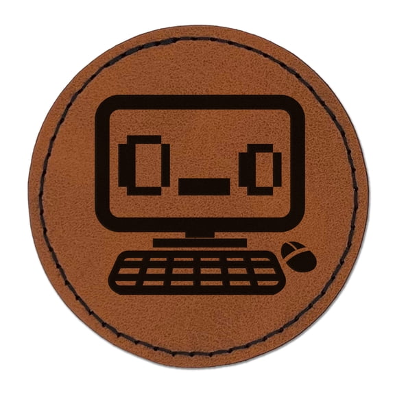 Shocked Confused Kawaii Computer Face Emoticon 2.5" Faux Leather Round Engraved Iron-On Patch - Brown