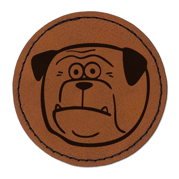 Shocked Surprised Cartoon Bulldog Pet Animal Round Iron-On Engraved Faux Leather Patch Applique - 2.5 Inch - Brown