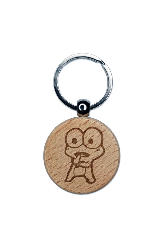Shocked Surprised Speechless Frog Engraved Wood Round Keychain Tag Charm