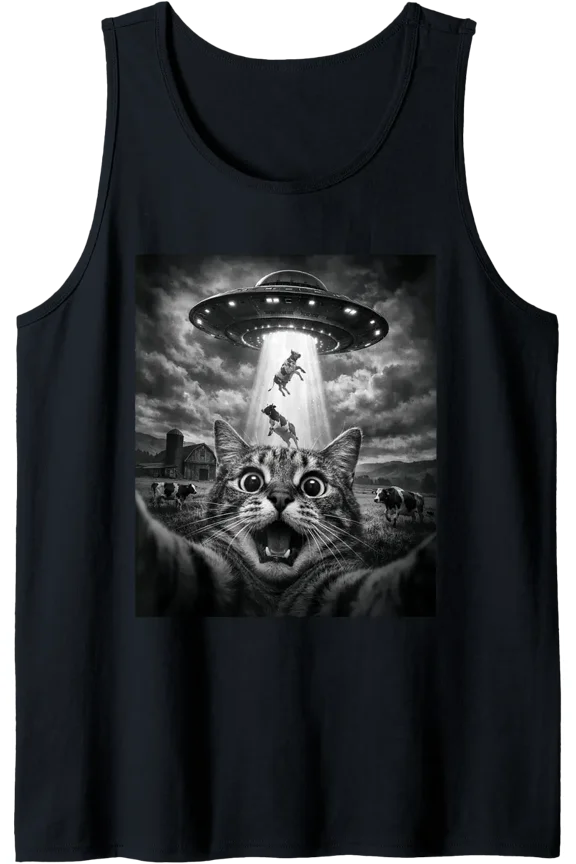Shocking Cat Selfie Funy Ufo Cows Abduction Alien Project Tank Top Size S-3XL