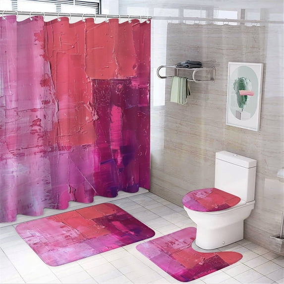 Shocking Pink Hot Modern Abstract 4 Piece Bathroom Shower Curtain Sets with Non-Slip Rugs Toilet Lid Cover And Bath Mat Modern Abstract Painting Durable And Waterproof for Bathroom Decor