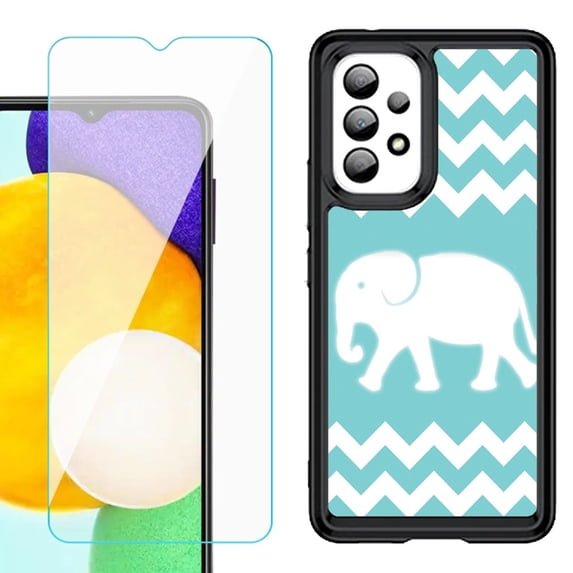 Shockproof Bumper (Black Frame) phone Case for Samsung Galaxy A23 5G, with Tempered Glass Screen Protector, by OneToughShield ® - Chevron/Elephant