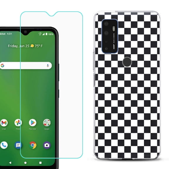 Shockproof Bumper Phone Case for AT&T Radiant Max 5G / Fusion 5G, with Tempered Glass Screen Protector, by OneToughShield ® - Checker B/W