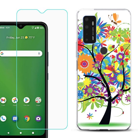 Shockproof Bumper Phone Case for AT&T Radiant Max 5G / Fusion 5G, with Tempered Glass Screen Protector, by OneToughShield ® - Colorful Tree
