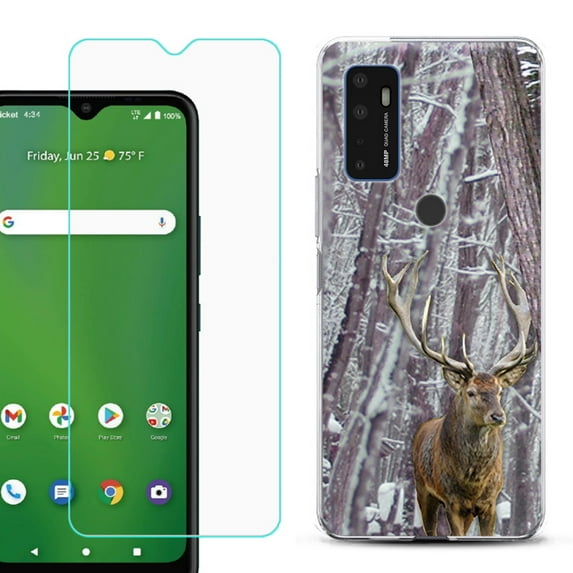 Shockproof Bumper Phone Case for AT&T Radiant Max 5G / Fusion 5G, with Tempered Glass Screen Protector, by OneToughShield ® - Deer/Snow/Camo