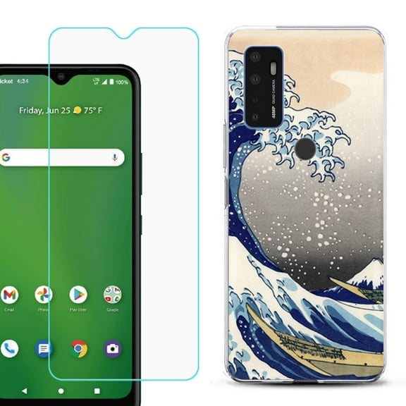 Shockproof Bumper Phone Case for AT&T Radiant Max 5G / Fusion 5G, with Tempered Glass Screen Protector, by OneToughShield ® - Great Wave