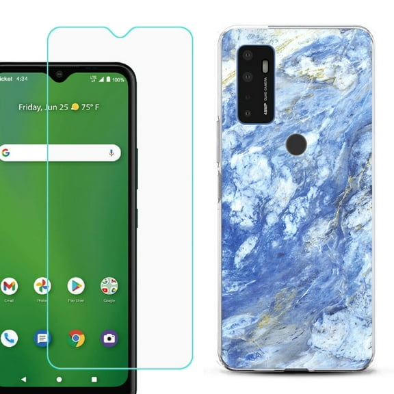 Shockproof Bumper Phone Case for AT&T Radiant Max 5G / Fusion 5G, with Tempered Glass Screen Protector, by OneToughShield ® - Marble / Gem Blue