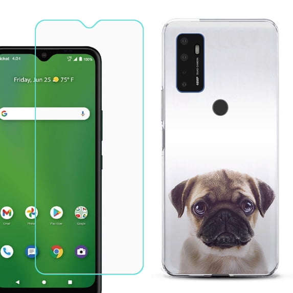 Shockproof Bumper Phone Case for AT&T Radiant Max 5G / Fusion 5G, with Tempered Glass Screen Protector, by OneToughShield ® - Pug Face