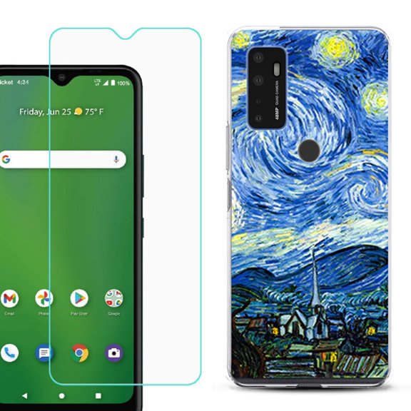 Shockproof Bumper Phone Case for AT&T Radiant Max 5G / Fusion 5G, with Tempered Glass Screen Protector, by OneToughShield  - Starry Night Paris
