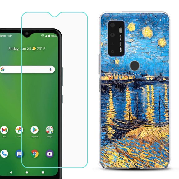 Shockproof Bumper Phone Case for AT&T Radiant Max 5G / Fusion 5G, with Tempered Glass Screen Protector, by OneToughShield ® - Starry Night Rhone
