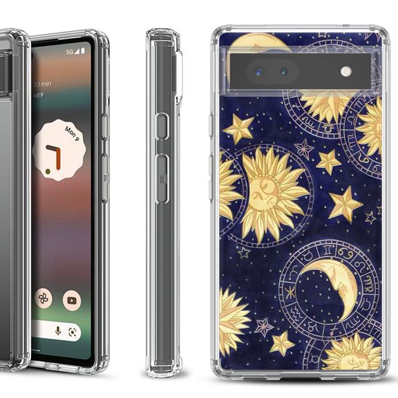 Shockproof Bumper Phone Case for Google Pixel 6a, by OneToughShield  - Moon Sun Star