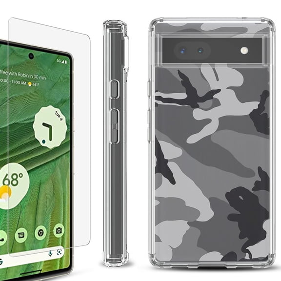 Shockproof Bumper Phone Case for Google Pixel 6a, with Tempered Glass Screen Protector, by OneToughShield ® - Camo B/W