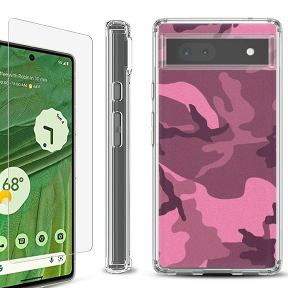 Shockproof Bumper Phone Case for Google Pixel 6a, with Tempered Glass Screen Protector, by OneToughShield ® - Camo Pink