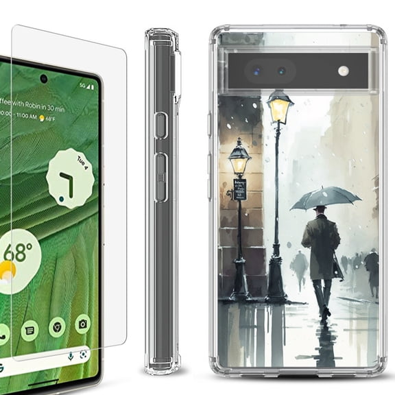 Shockproof Bumper Phone Case for Google Pixel 6a, with Tempered Glass Screen Protector, by OneToughShield  - City in the rain