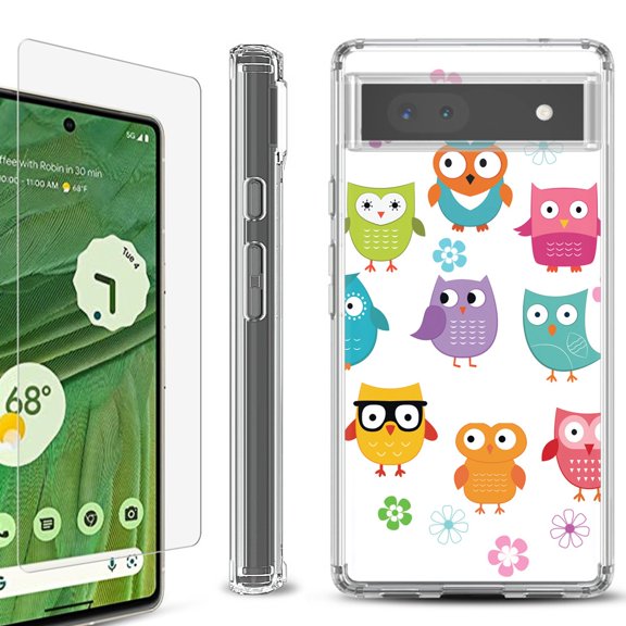 Shockproof Bumper Phone Case for Google Pixel 6a, with Tempered Glass Screen Protector, by OneToughShield ® - Happy Owl