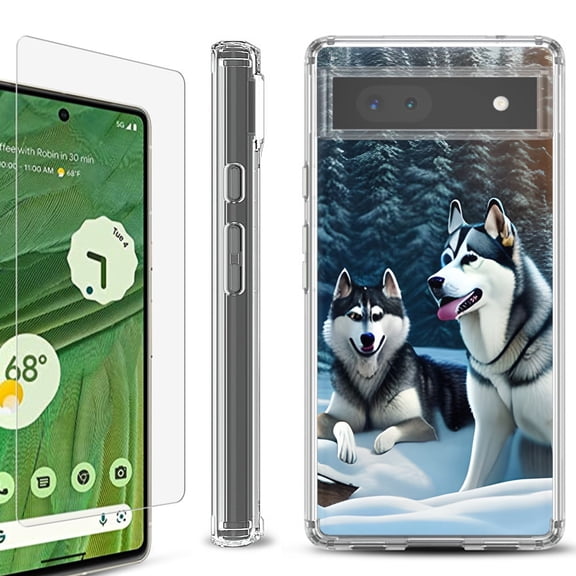 Shockproof Bumper Phone Case for Google Pixel 6a, with Tempered Glass Screen Protector, by OneToughShield ® - Husky Snow