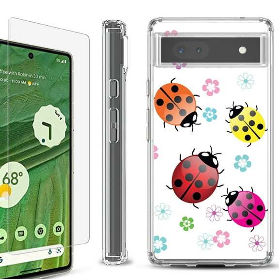 Shockproof Bumper Phone Case for Google Pixel 6a, with Tempered Glass Screen Protector, by OneToughShield ® - Ladybug