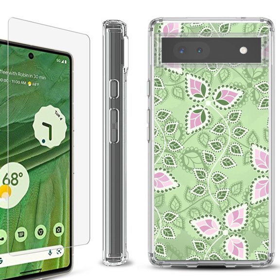 Shockproof Bumper Phone Case for Google Pixel 6a, with Tempered Glass Screen Protector, by OneToughShield ® - Leaf Pink Green