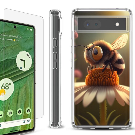 Shockproof Bumper Phone Case for Google Pixel 6a, with Tempered Glass Screen Protector, by OneToughShield  - Little Bee