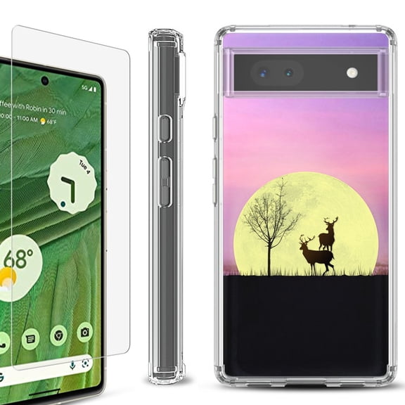 Shockproof Bumper Phone Case for Google Pixel 6a, with Tempered Glass Screen Protector, by OneToughShield ® - Moonlight Deer