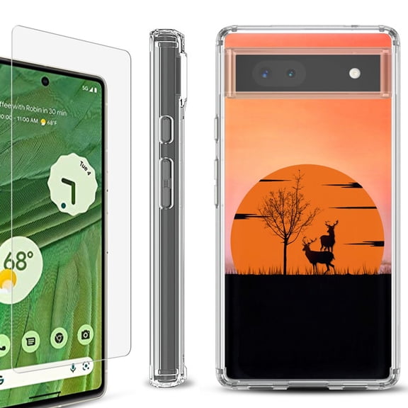 Shockproof Bumper Phone Case for Google Pixel 6a, with Tempered Glass Screen Protector, by OneToughShield ® - Sunset Deer