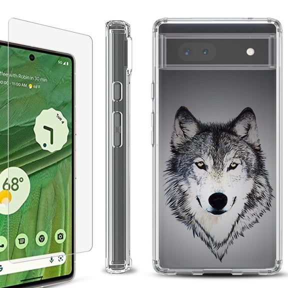 Shockproof Bumper Phone Case for Google Pixel 6a, with Tempered Glass Screen Protector, by OneToughShield ® - Wolf Face