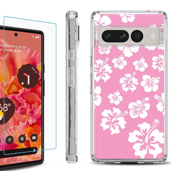 Shockproof Bumper Phone Case for Google Pixel 7 Pro, with Tempered Glass Screen Protector, by OneToughShield  - Hibiscus Pink