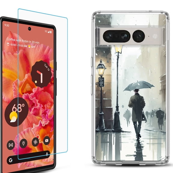 Shockproof Bumper Phone Case for Google Pixel 7, with Tempered Glass Screen Protector, by OneToughShield  - City in the rain