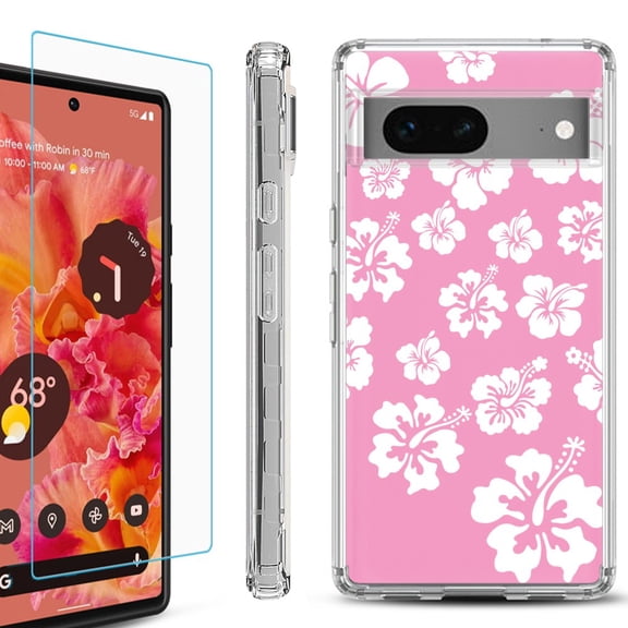 Shockproof Bumper Phone Case for Google Pixel 7, with Tempered Glass Screen Protector, by OneToughShield  - Hibiscus Pink