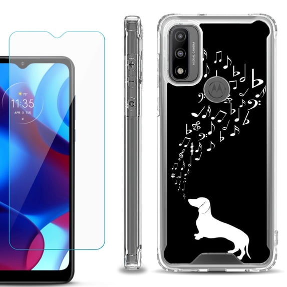 Shockproof Bumper Phone Case for Motorola Moto G Pure, with Tempered Glass Screen Protector, by OneToughShield ® - Dachshund/Puppy Music