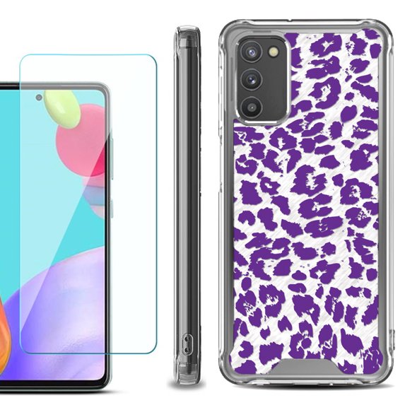 Shockproof Bumper Phone Case for Samsung Galaxy A02s, with Tempered Glass Screen Protector, by OneToughShield ® - Cheetah Purple