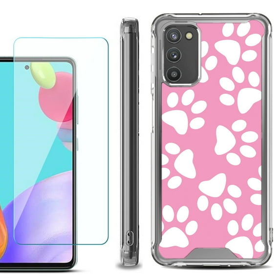 Shockproof Bumper Phone Case for Samsung Galaxy A02s, with Tempered Glass Screen Protector, by OneToughShield ® - Pet Paw/ Pink