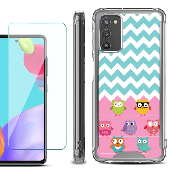 Shockproof Bumper Phone Case for Samsung Galaxy A03s, with Tempered Glass Screen Protector, by OneToughShield ® - Chevron/Teal/Owl