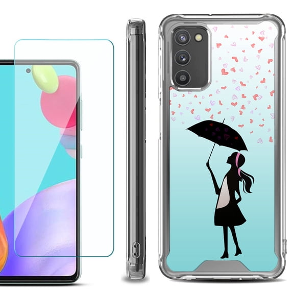 Shockproof Bumper Phone Case for Samsung Galaxy A03s, with Tempered Glass Screen Protector, by OneToughShield ® - Rain/Hearts