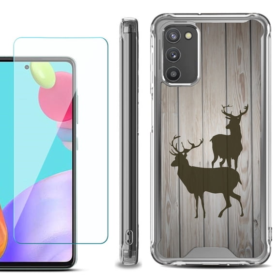 Shockproof Bumper Phone Case for Samsung Galaxy A03s, with Tempered Glass Screen Protector, by OneToughShield ® - Wood/Deer