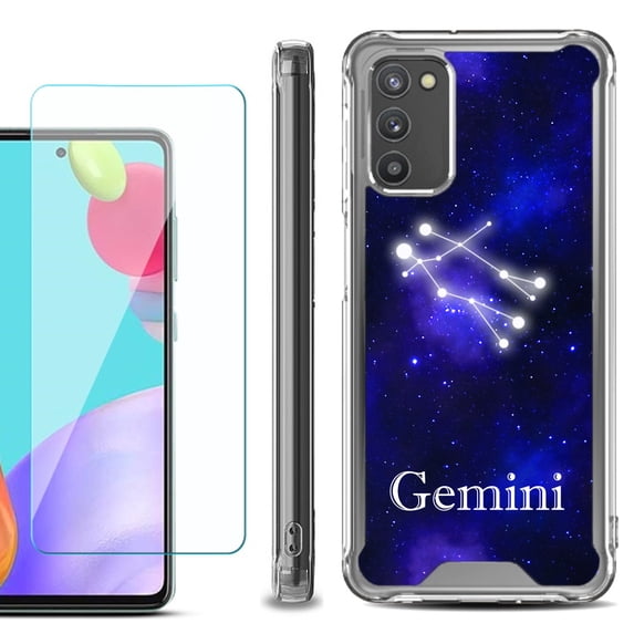 Shockproof Bumper Phone Case for Samsung Galaxy A03s, with Tempered Glass Screen Protector, by OneToughShield ® - Zodiac / Gemini