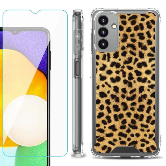 Shockproof Bumper Phone Case for Samsung Galaxy A13 5G, with Tempered Glass Screen Protector, by OneToughShield ® - Cheetah Gold/Black