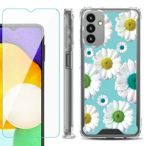 Shockproof Bumper Phone Case for Samsung Galaxy A13 5G, with Tempered Glass Screen Protector, by OneToughShield ® - Daisy/Teal