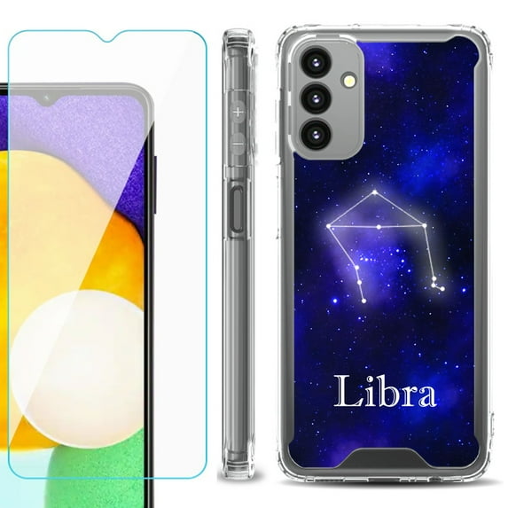 Shockproof Bumper Phone Case for Samsung Galaxy A13 5G, with Tempered Glass Screen Protector, by OneToughShield ® - Zodiac / Libra