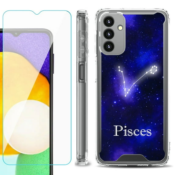 Shockproof Bumper Phone Case for Samsung Galaxy A13 5G, with Tempered Glass Screen Protector, by OneToughShield ® - Zodiac / Pisces