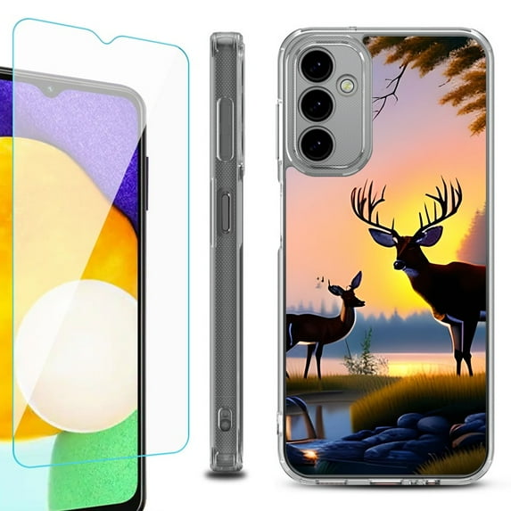 Shockproof Bumper Phone Case for Samsung Galaxy A14 5G, with Tempered Glass Screen Protector, by OneToughShield ® - Deer Sunset
