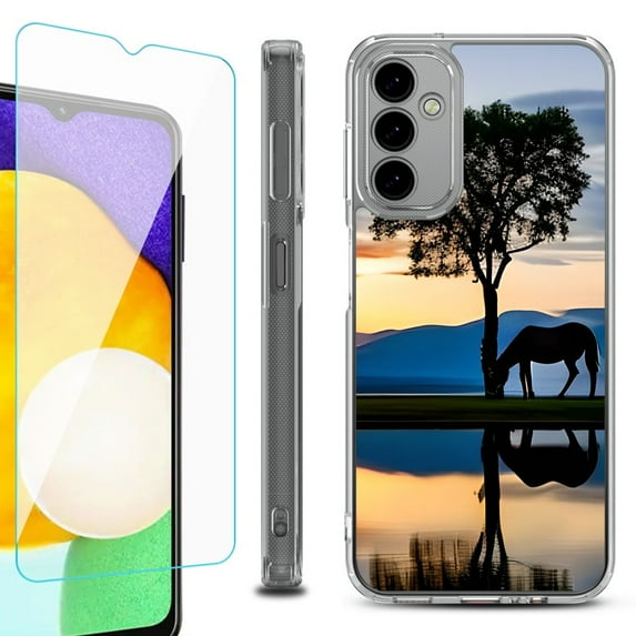 Shockproof Bumper Phone Case for Samsung Galaxy A14 5G, with Tempered Glass Screen Protector, by OneToughShield ® - Horse Tree
