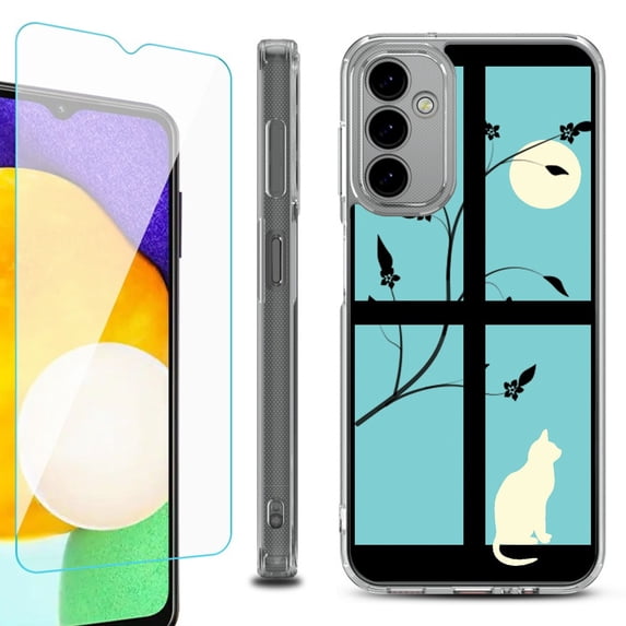 Shockproof Bumper Phone Case for Samsung Galaxy A14 5G, with Tempered Glass Screen Protector, by OneToughShield ® - Moon/Cat