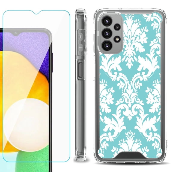 Shockproof Bumper Phone Case for Samsung Galaxy A23 5G, with Tempered Glass Screen Protector, by OneToughShield ® - Victorian White/Teal