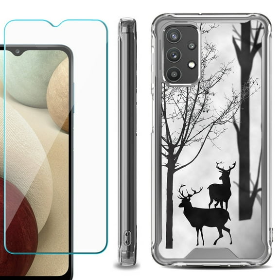 Shockproof Bumper Phone Case for Samsung Galaxy A32 5G, with Tempered Glass Screen Protector, by OneToughShield ® - Forest Deer