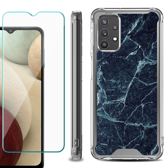Shockproof Bumper Phone Case for Samsung Galaxy A32 5G, with Tempered Glass Screen Protector, by OneToughShield ® - Marble / Blue