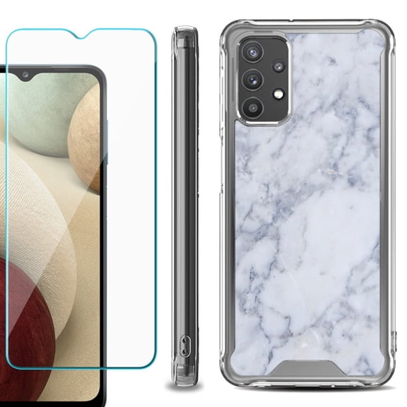 Shockproof Bumper Phone Case for Samsung Galaxy A32 5G, with Tempered Glass Screen Protector, by OneToughShield ® - Marble / Clouds