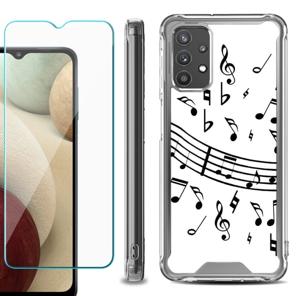 Shockproof Bumper Phone Case for Samsung Galaxy A32 5G, with Tempered Glass Screen Protector, by OneToughShield ® - Music Notes / White