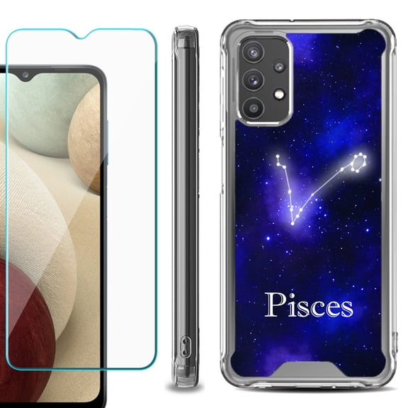 Shockproof Bumper Phone Case for Samsung Galaxy A32 5G, with Tempered Glass Screen Protector, by OneToughShield ® - Zodiac / Pisces
