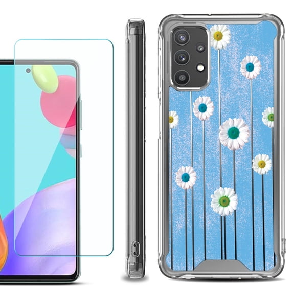 Shockproof Bumper Phone Case for Samsung Galaxy A52 5G, with Tempered Glass Screen Protector, by OneToughShield ® - Daisy Sky